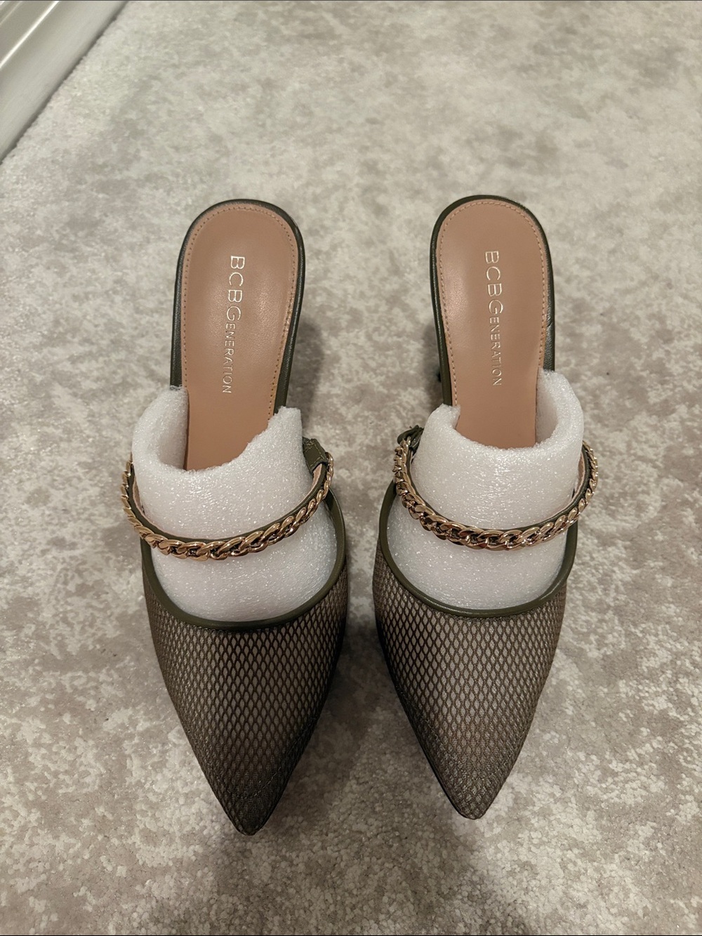 BCBGeneration Olive Mesh Pointed Mules with Gold Chain Accent